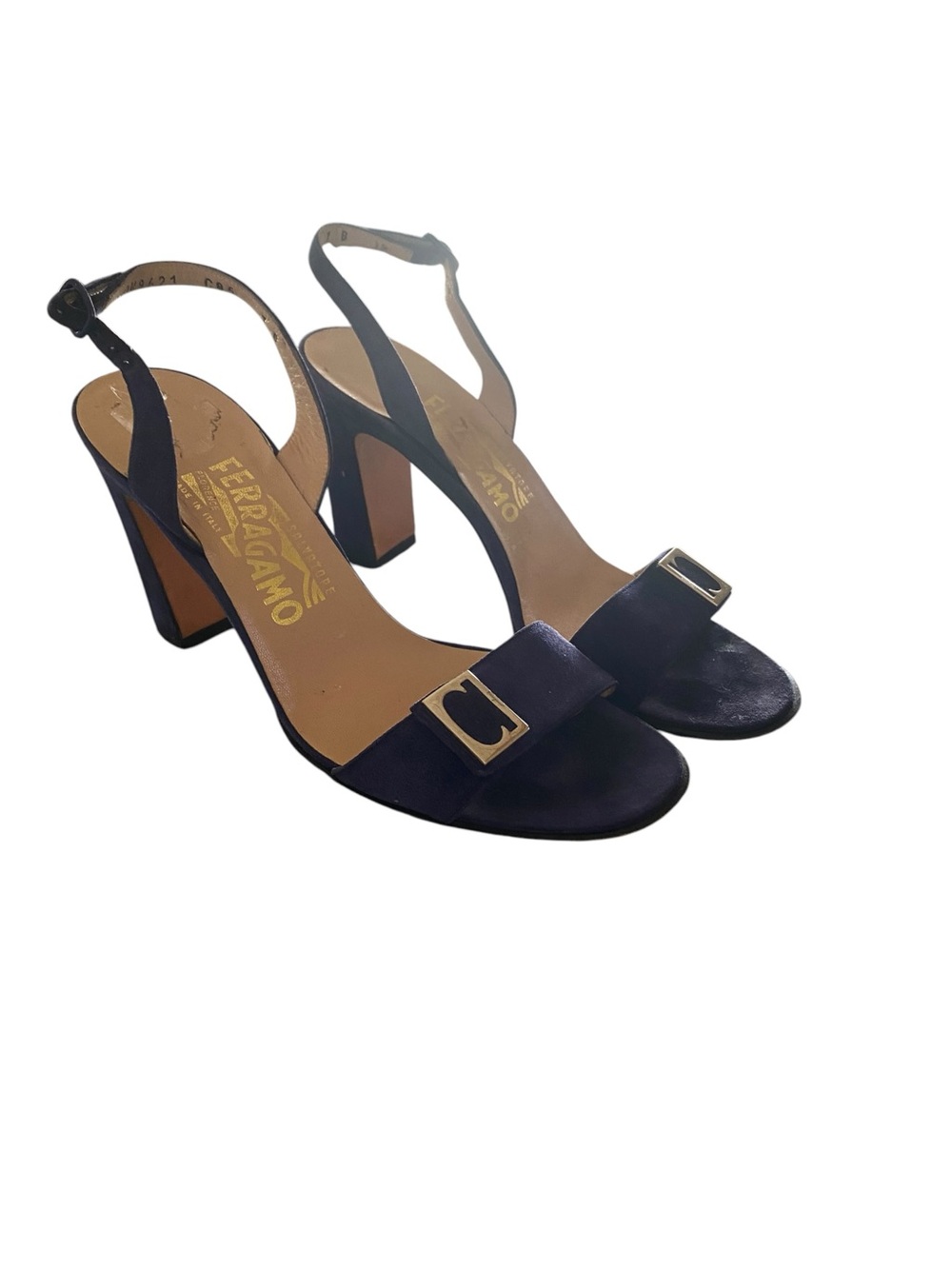 Vintage y2k Salvatore Ferragamo Blue Suede Slingback Block Heels Silver Buckle - Picture 3 of 16